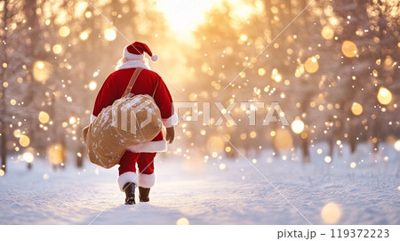 Santa Claus Walks Through a Snowy Winter Wonderland at Christmas Santa Claus Walks Through a Snowy Winter Wonderland at Christmas 119372223