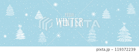 Winter horizontal vector design. Hello,Winter. Greeting text with fir trees and Snowflake for cold season celebration.Holiday Vector illustration.Winter days.Great for banners, wallpapers, cards 119372239