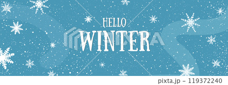 Winter horizontal vector design. Hello,Winter. Greeting text with fir trees and Snowflake for cold season celebration.Holiday Vector illustration.Winter days.Great for banners, wallpapers, cards 119372240