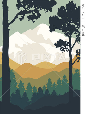 Parkland forest panoramic autumn poster. Yellowstone landscape aesthetic flat illustration 119372290