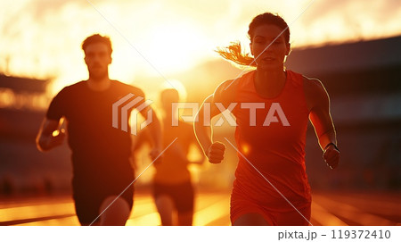 Three Diverse Athletes Running in Sunset on Track Showing Determination and Speed 119372410