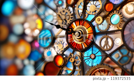 Artistic mechanical clock with bright colors and gears 119372535
