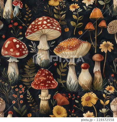 A pattern of a bunch of mushrooms and flowers on black, AI 119372558