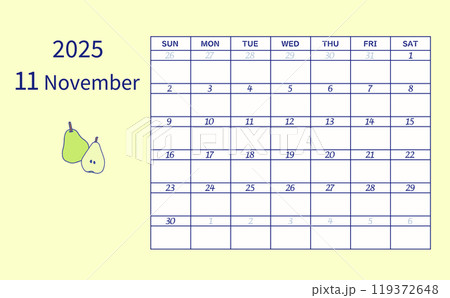 2025年11月のカレンダー　日曜日始まり 119372648