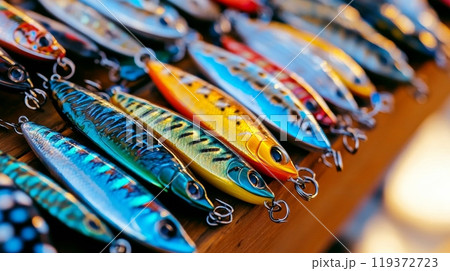 A collection of fishing tackle neatly laid out on a wooden surface A collection of fishing tackle neatly laid out on a wooden surface 119372723
