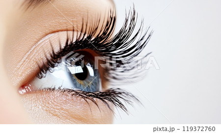 A detailed shot of long, voluminous eyelashes in a deep black shade 119372760