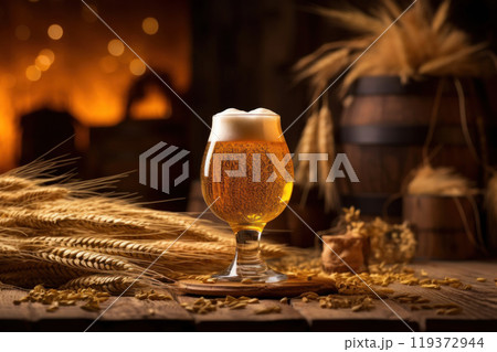 Light foamy beer in a glass on a wooden table on an old rustic background 119372944