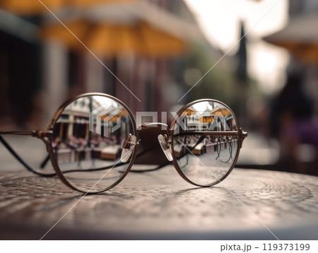 Classic round shaped glasses on a wooden table in a street cafe  Classic round shaped glasses on a wooden table in a street cafe  119373199