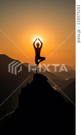 silhouette of a man doing yoga on the top of a mountain  119373201