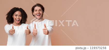 Like. Joyful Interracial Couple Showing Thumbs Up Gesture At Camera, Posing Together Over Yellow Background With Free Space 119373238