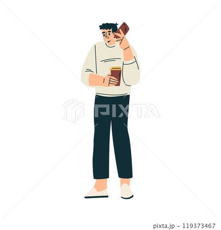 Man Character Standing with Coffee Cup and Smartphone Relaxing in Nature in the Park Vector Illustration 119373467