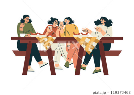 Woman Character Sit at Table with Sausage Relaxing in Nature in the Park Have Barbecue Vector Illustration 119373468