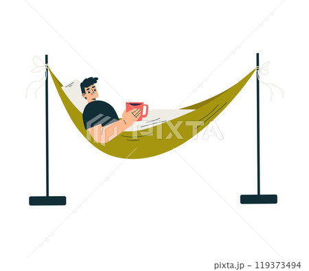 Man Character Swing on Hammock with Mug Hang with Rope Enjoy Recreation Vector Illustration 119373494