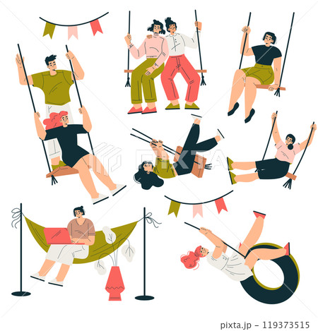People Character on Swing Hang with Rope Enjoy Recreation Vector Set 119373515