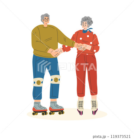 Senior Man and Woman Roller Skating Ride on Rollers Vector Illustration 119373521