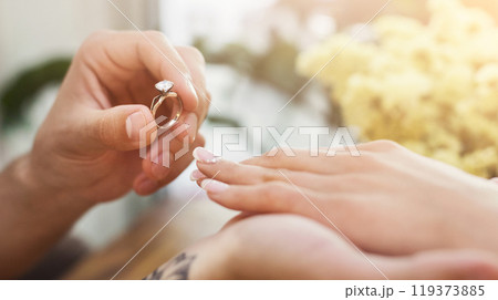 She said YES. Man putting on his girlfriends finger engagement ring, sitting on romantic dinner at cafe. Wedding proposal concept, copy space She said YES. Man putting on his girlfriends finger engagement ring, sitting on romantic dinner at cafe. Wedding proposal concept, copy space 119373885