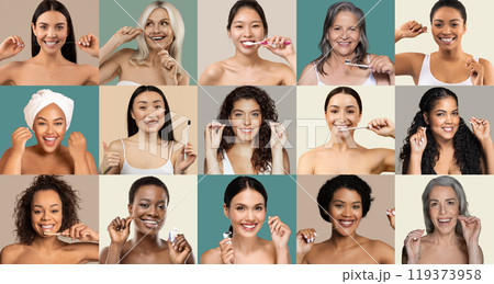 A vibrant collage features women of various backgrounds happily demonstrating their oral hygiene practices, emphasizing smiles and self-care in a colorful and uplifting setting. A vibrant collage features women of various backgrounds happily demonstrating their oral hygiene practices, emphasizing smiles and self-care in a colorful and uplifting setting. 119373958