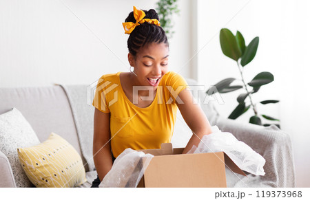 Happy Customer Concept. Portrait of excited black woman opening and unpacking cardboard box parcel, sitting on the couch in living room at home. Young happy female satisfied with delivery service Happy Customer Concept. Portrait of excited black woman opening and unpacking cardboard box parcel, sitting on the couch in living room at home. Young happy female satisfied with delivery service 119373968