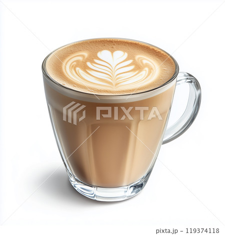 Latte art design is created on a coffee foam in a glass cup on a white background 119374118