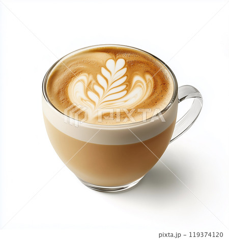 Latte art design is created on a coffee foam in a glass cup on a white background 119374120
