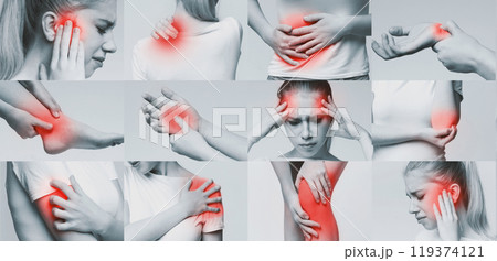Medical problems collage. Young female showing pain in different body parts 119374121
