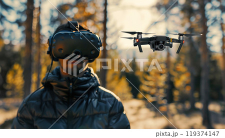FPV drone pilot flying a commercial drone in a forest. Nature, modern technology innovation, isolation, filming aerial video footage 119374147