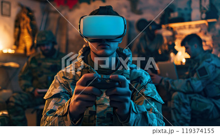Military army soldier FPV drone pilot flying a drone in a bunker basement. Secret operation, weaponized modern technology, war strategy, aerial defense, assault 119374155