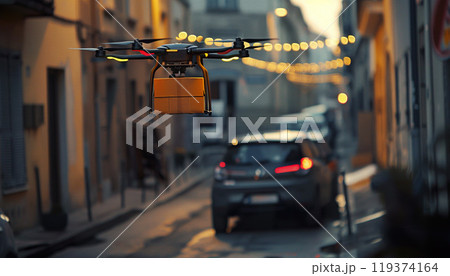 Commercial delivery drone delivering a package in a city. Copy space, modern technology innovation, aerial postage 119374164