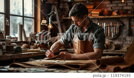 Old leather smith worker artisan in a workshop making a product. Copy space, leathersmith, craftsman, traditional craftsmanship 119374193