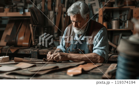 Old leather smith worker artisan in a workshop making a product. Copy space, leathersmith, craftsman, traditional craftsmanship 119374194
