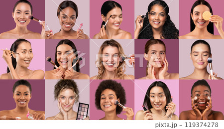 A vibrant display features a diverse group of women applying makeup and radiating joy. Each woman demonstrates different techniques using various tools against a colorful backdrop. A vibrant display features a diverse group of women applying makeup and radiating joy. Each woman demonstrates different techniques using various tools against a colorful backdrop. 119374278