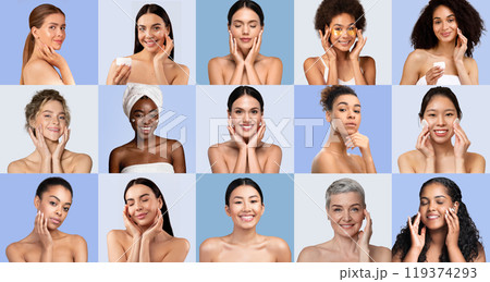A group of women from different backgrounds engages in skincare routines, expressing happiness and confidence. Each person displays unique skin types and practices, showcasing diversity. 119374293