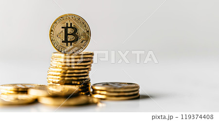 Bitcoin crypto token coins stacked on a white background. Investing success, physical currency blockchain, cryptocurrency, value, rising market 119374408