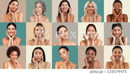 A group of women from various backgrounds showcase skincare routines and beauty expressions, highlighting joy and self-care in a colorful studio environment filled with natural light. A group of women from various backgrounds showcase skincare routines and beauty expressions, highlighting joy and self-care in a colorful studio environment filled with natural light. 119374475