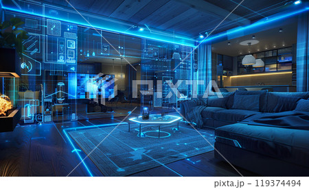 Smart home, modern futuristic housing, future remote control house. Internet connected appliances and systems, blue interior layout concept background 119374494