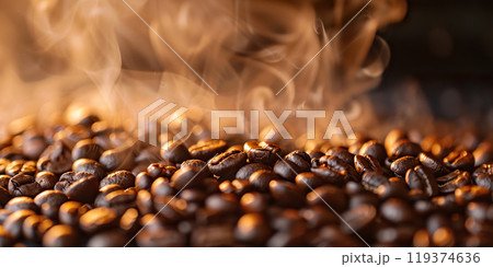 Fresh roasted steaming hot coffee beans cinematic background wallpaper backdrop. Rich dark colors, golden hour, brown, brewing process, close up product shot Fresh roasted steaming hot coffee beans cinematic background wallpaper backdrop. Rich dark colors, golden hour, brown, brewing process, close up product shot 119374636