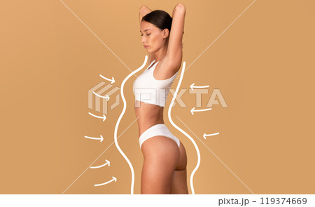 Liposuction concept. Drawn outlines with arrows around fit lady in white underwear, slender woman with perfect figure posing over beige studio background, collage 119374669