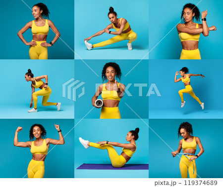 Black fitness lady showcases a range of exercises in a vibrant blue studio. The individual performs stretches, strength training, and agility moves, highlighting enthusiasm and dynamic movement. Black fitness lady showcases a range of exercises in a vibrant blue studio. The individual performs stretches, strength training, and agility moves, highlighting enthusiasm and dynamic movement. 119374689