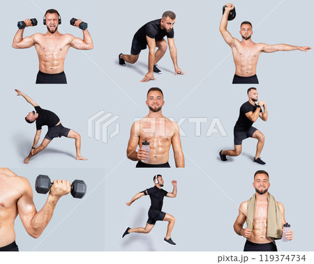 A fit man engages in multiple exercises at home, showcasing strength training, stretching, and cardio. The light background emphasizes his commitment to fitness and well-being. 119374734