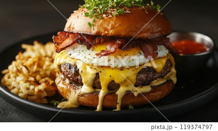 A luscious cheeseburger topped with crispy bacon and a fried egg, accompanied by golden hash browns and a side of ketchup. 119374797