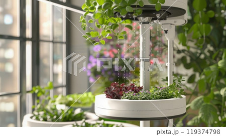 A vibrant indoor hydroponic gardening system featuring various leafy plants and herbs. 119374798