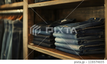 A variety of denim jeans in different shades are organized in neat stacks on rustic wooden shelves in a clothing store. 119374835