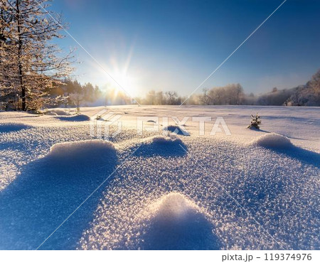 朝日が差し込む中、一晩で降り積もった新雪が一面に広がる風景 119374976