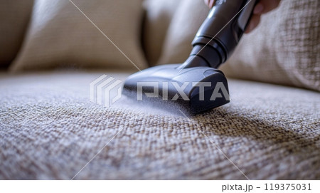 A person uses a vacuum cleaner to remove dust and debris from a textured sofa in a comfortably furnished living room, with natural light streaming in through nearby windows. 119375031