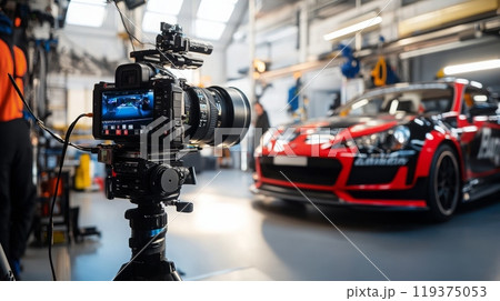 A camera on a tripod is focused on a race car in a well-lit garage, with tools and equipment visible in the background. 119375053