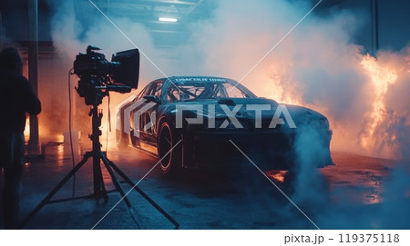 A modified drift car is positioned in a garage, surrounded by smoke and flames, with a camera aimed at it, creating an intense atmosphere for filming. 119375118
