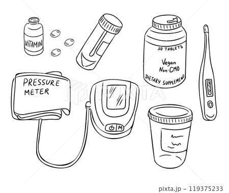 Set of doodle illustrations with healthcare items 119375233
