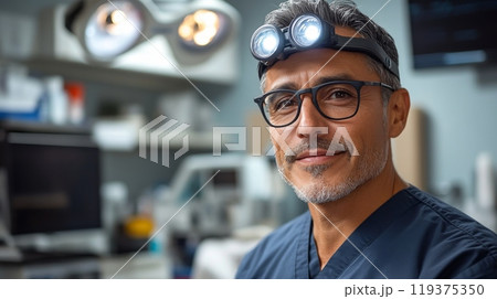 A skilled surgeon wearing a headlamp and glasses stands in a modern operating room, exuding confidence and readiness for surgical procedures in broad daylight. 119375350
