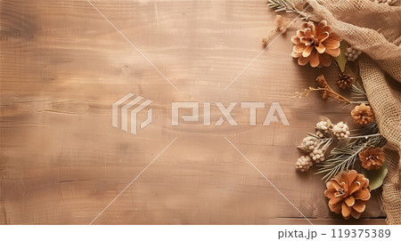 Wooden table decorated with dried flowers and pine cones, copy space. 119375389