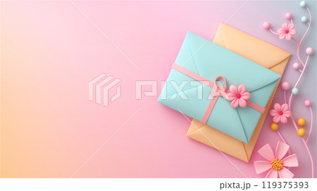 Two envelopes with flowers and beads on a pinkpurple background, copy space 119375393
